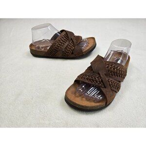 White Mountain Womens Leather Sandals Size 9M Brown Slip-On Woven Crisscross